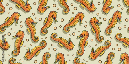Colored seamless pattern wallpaper with sea horse. Underwater animals, wild ocean life for marine design