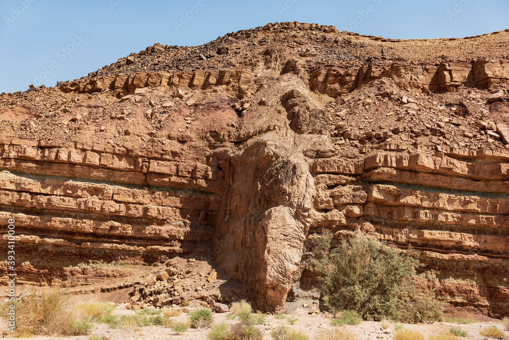 a massive thick magmatic intrusion dike in the red limestone cliff of the nahal ardon stream bed in the makhtesh ramon crater in israel with a clear blue sky in the background