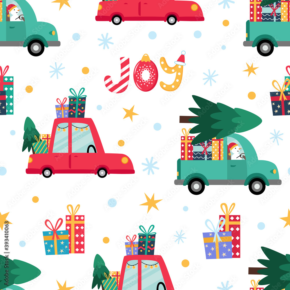 Naklejka premium Christmas and New Year seamless pattern. Red car, green truck, snowflakes, snowman driver, star. Joy lettering. Fir tree and gifts delivery. Isolated vector background for wallpaper, wrapping, textile
