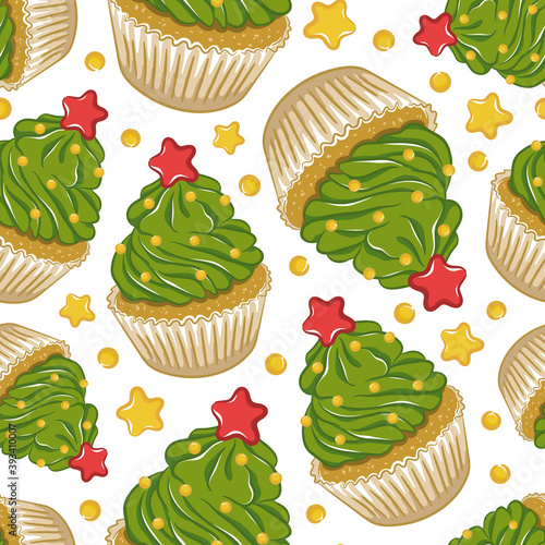Seamless Christmas pattern with cupcakes. Christmas green tree with red star and yellow garland. Cupcake with cream frosting. Bright vector background for New Year wrapping paper, cards, fabrics etc.