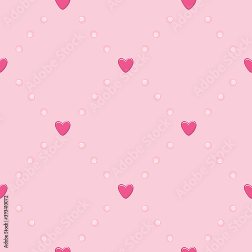 Seamless Valentine's Day pattern with pink hearts and pearl beads. Bright vector background for baby shower invitation, Valentine's Day wrapping paper, cards, fabrics etc. Girlish pattern.