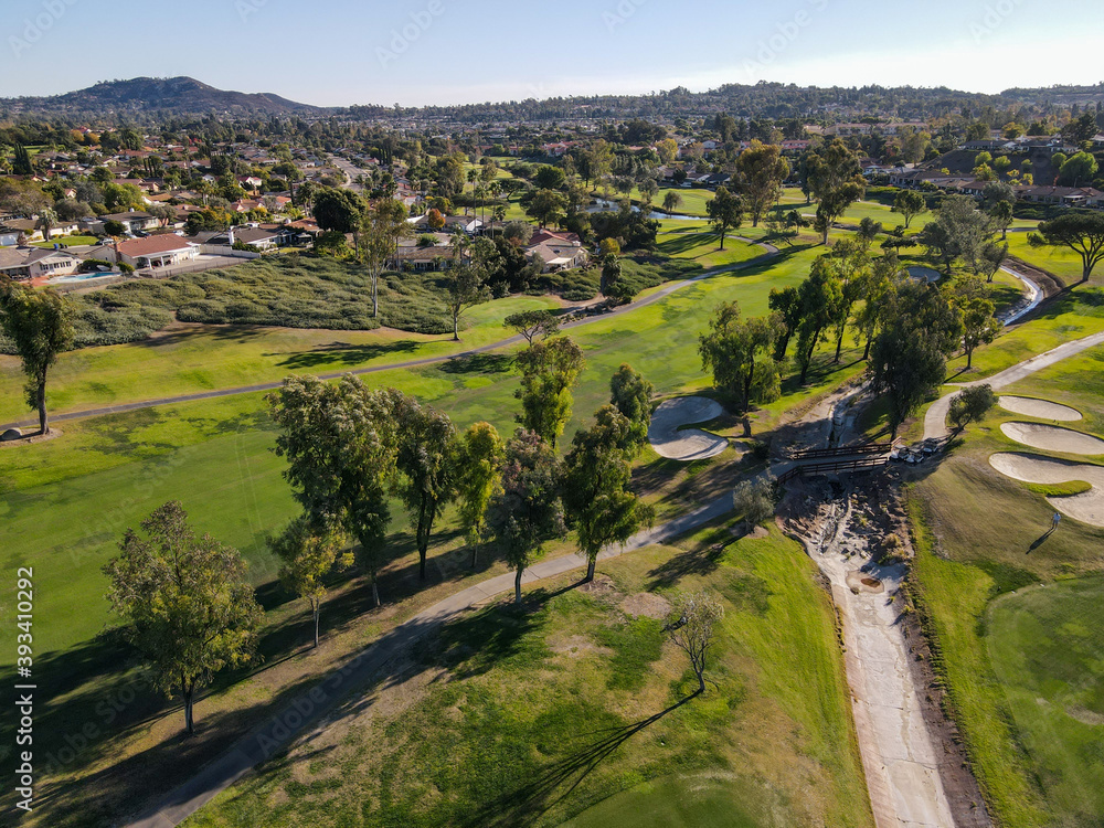 Aerial view of golf in upscale residential neighborhood during autumn season, Rancho Bernardo, San Diego County, California. USA. Aerial view of golf in upscale residential neighborhood during autumn season, Rancho Bernardo, San Diego County, California. USA.