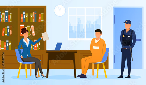 Female investigator, detective or lawyer is interrogating or communicating with suspect in crime in office, accompanied by a police officer. Flat cartoon vector illustration with fictional characters