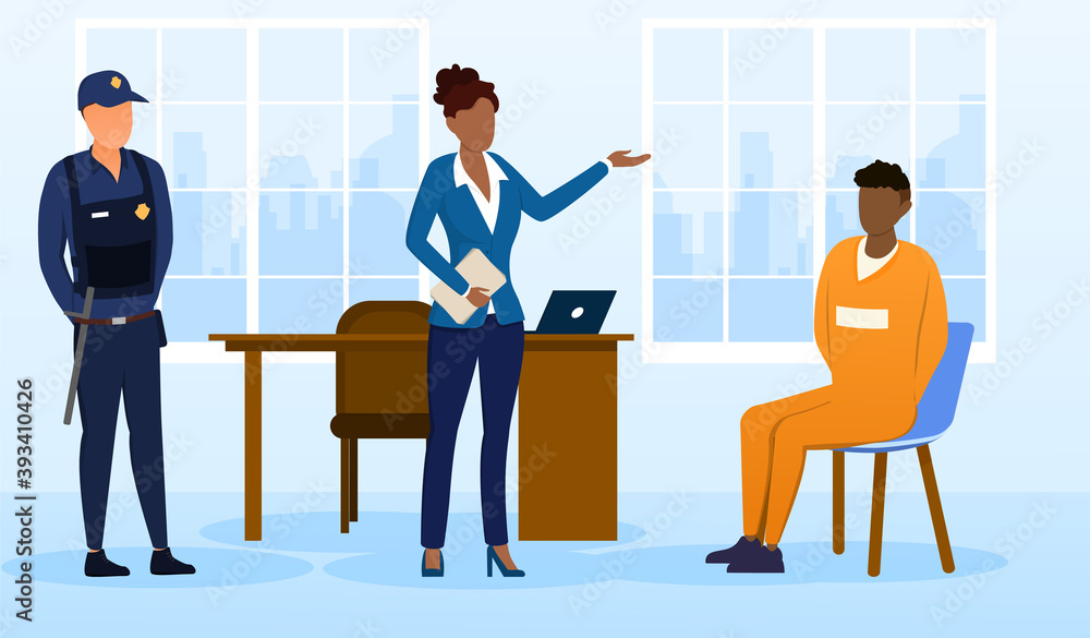 Obraz premium A female investigator, detective or lawyer is interrogating or communicating with a suspect in a crime in her office, accompanied by a police officer. Cartoon flat vector illustration