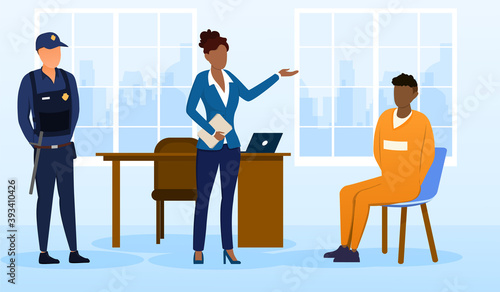 A female investigator, detective or lawyer is interrogating or communicating with a suspect in a crime in her office, accompanied by a police officer. Cartoon flat vector illustration