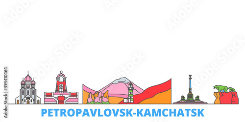Russia, Petropavlovsk Kamchatsk cityscape line vector. Travel flat city landmark, oultine illustration, line world icons