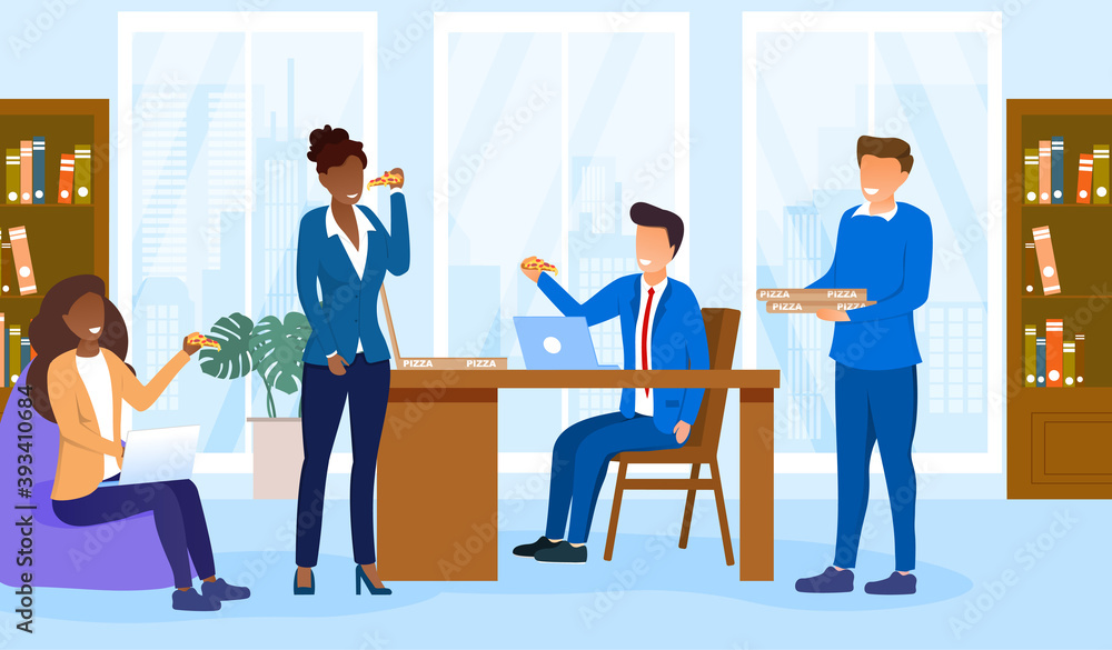 Lunch time concept. Diverse colleagues having break for lunch with pizza. Happy workers in workplace. People working in office. Corporate culture concept. Flat cartoon vector Illustration