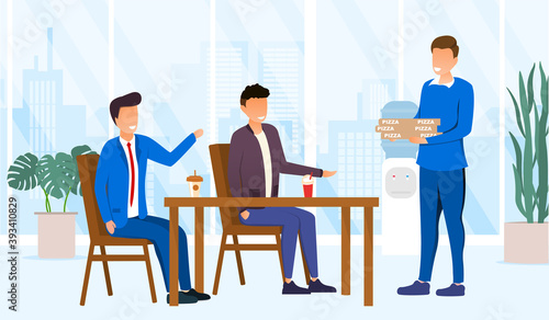 Lunch time concept. Colleagues having break for lunch with coffee and pizza. Happy workers in workplace. People working in office. Corporate culture in office space. Flat cartoon vector Illustration