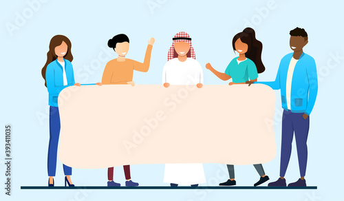 Diverse group of young men and women standing together and holding blank banner. People taking part in parade or rally. Male and female protesters or activists. Flat cartoon vector illustration