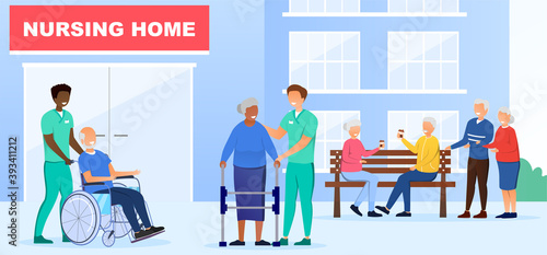 Nursing Home concept. Group of elderly people walking near nursing home building. Senior people meet visitors on street. Flat cartoon vector illustrsation or poster with fictional characters