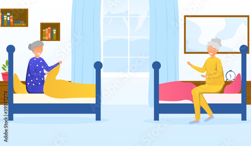 Old aged women sitting on bed and talking. Senior female friendship and communication. Bedroom in Nursing home Interior. Flat cartoon vector illustrsation or poster with fictional characters