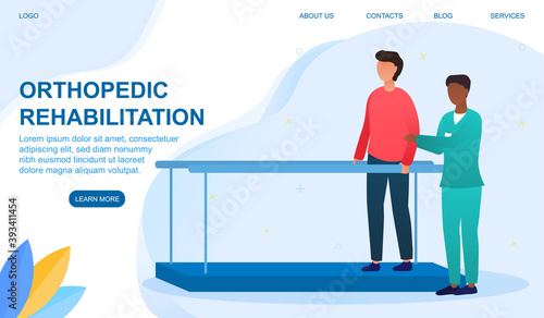 Disabled man at orthopedic rehabilitation therapy at clinic. The doctor teaches the patient to walk on a special simulator. Concept of disabled rehabilitation. Flat cartoon vector illustration
