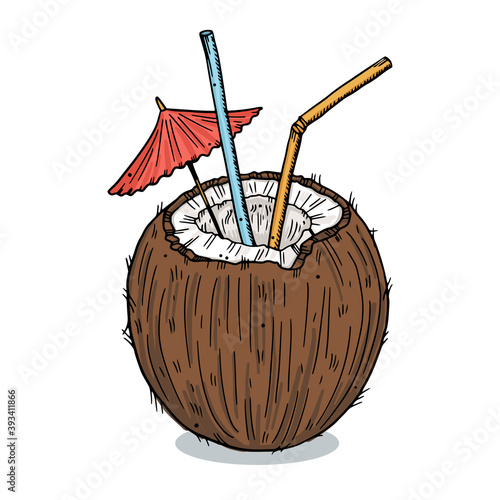 Illustration cocktail in half a coconut, with straws and an umbrella on a background of tropical leaves.