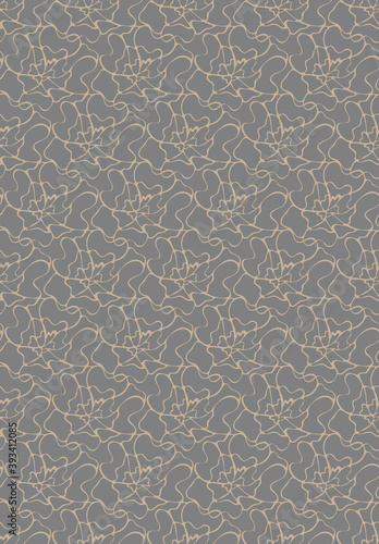 Floral geometric seamless pattern. Hand drawn beige graphic outline flowers. Grey background is easy to change