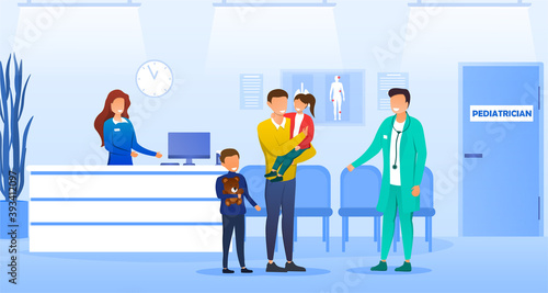 A man with children with his daughter and son at a pediatrician appointment. Medical checkup and prescription for parents. Modern flat cartoon vector illustration with fictional characters.