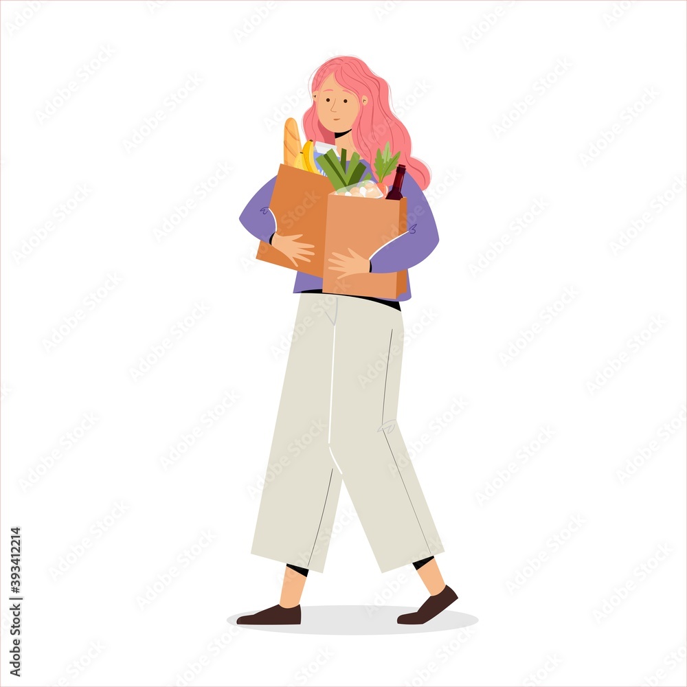 Girl character holding paper bags full of food from supermarket. Vector illustration in flat style
