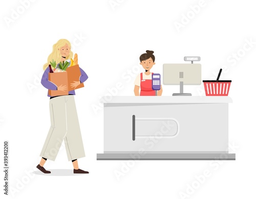 Supermarket cashier desk, girl character with grocery bags. Vector illustration in flat style