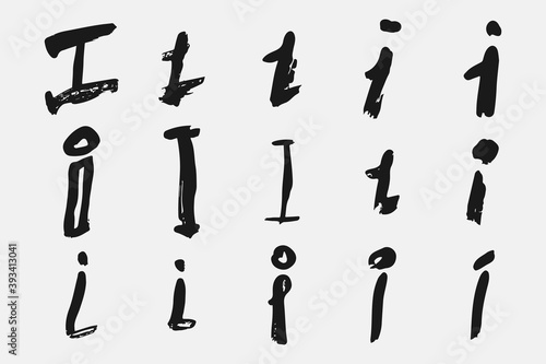 Letter I written by hand. Black letter I written in grunge calligraphy. Different versions of the font are hand-drawn in a careless style. Vector eps illustration.