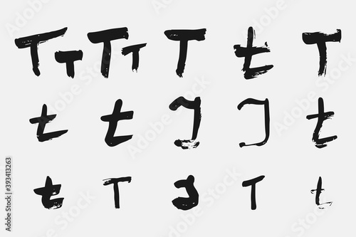 Letter T written by hand. Black letter T written in grunge calligraphy. Different versions of the font are hand-drawn in a careless style. Vector eps illustration.