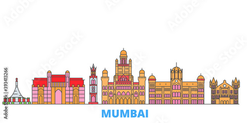 India, Mumbai 2 cityscape line vector. Travel flat city landmark, oultine illustration, line world icons