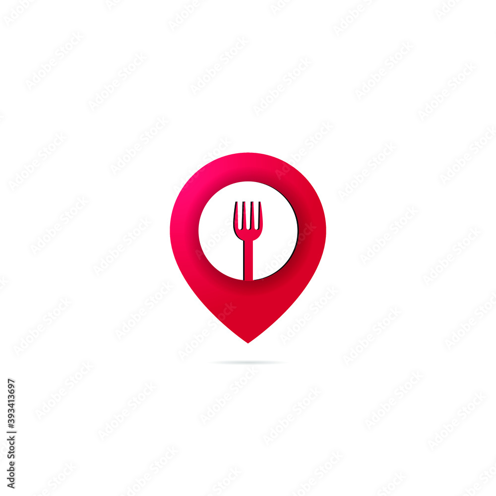 red map pointer and a fork for a restaurant icon or symbol, a cafe logo or other dining place red map pointer and a fork for a restaurant icon or symbol, a cafe logo or other dining place