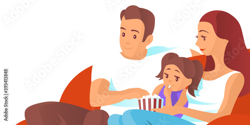 Young family have a rest on a sofa. Father, mother, and little girl. Eat popcorn and watch TV. Vector illustration of people at home. Banner with place for text.