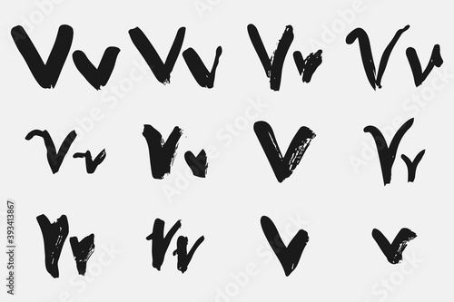 Letter V written by hand. Black letter V written in grunge calligraphy. Different versions of the font are hand-drawn in a careless style. Vector eps illustration.