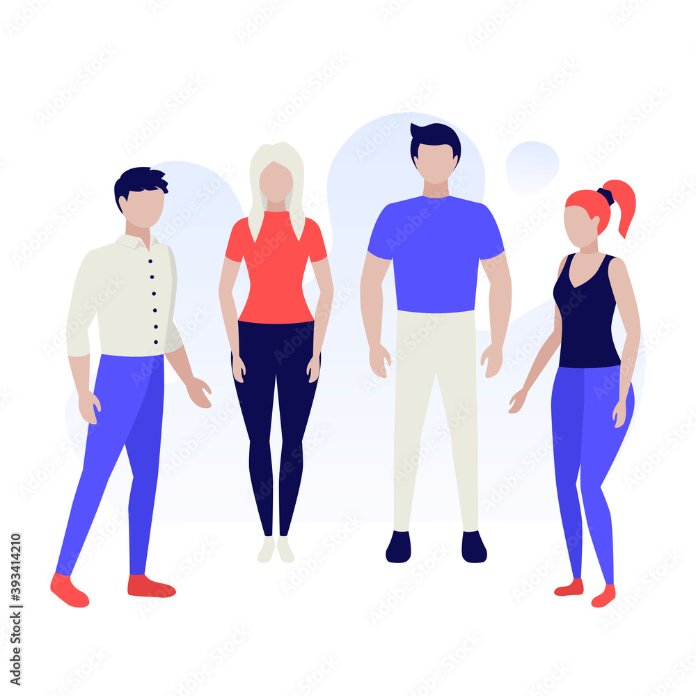 Fototapeta premium Group of young people standing together. Teamwork group. Brainstorm concept. Successful team in coworking project. Human characters on white background. Color vector illustration
