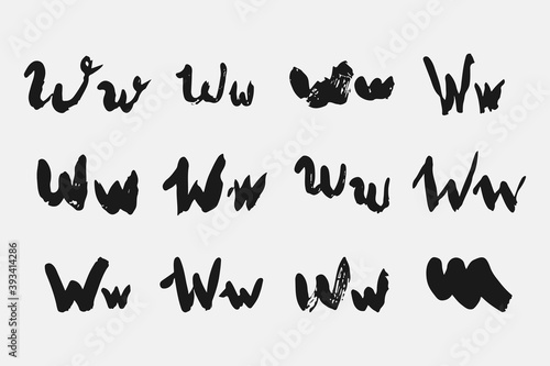 Letter W written by hand. Black letter W written in grunge calligraphy. Different versions of the font are hand-drawn in a careless style. Vector eps illustration.