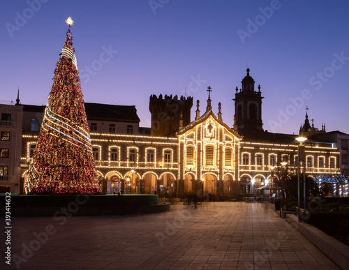 Portuguese Christmas lights decoration with an enormous tree in Braga city centre, Portugal photo