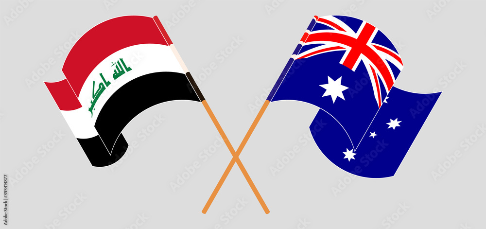 Crossed and waving flags of Iraq and Australia Crossed and waving flags of Iraq and Australia