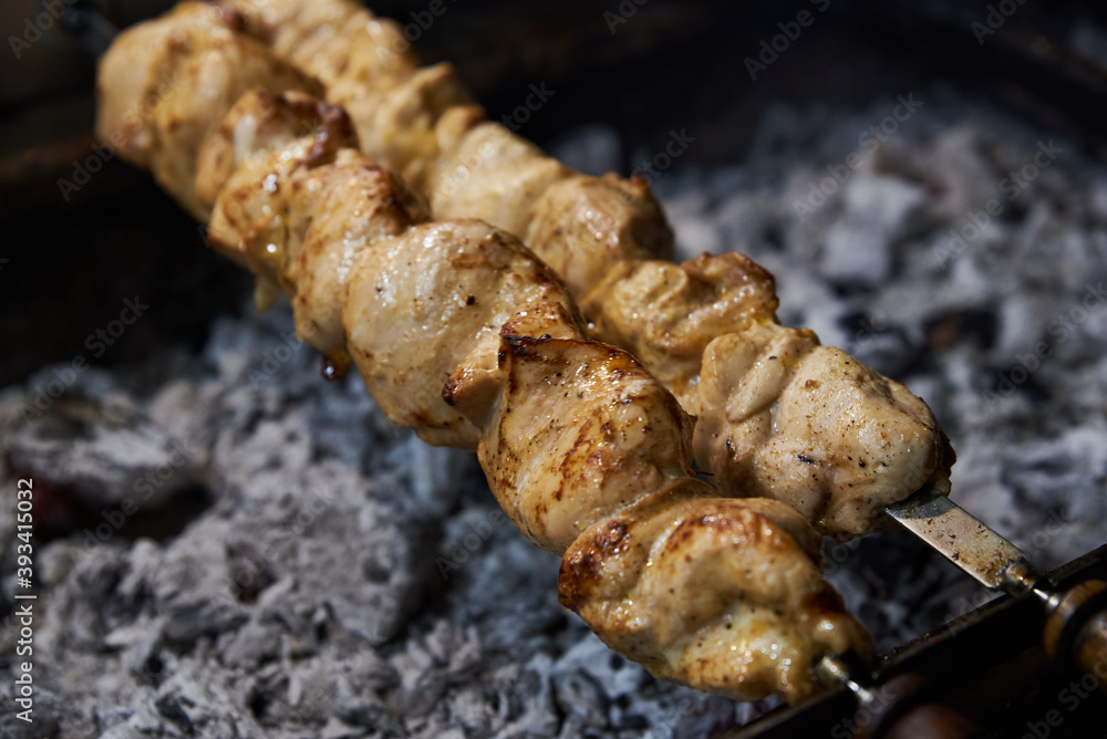 Kebabs, fried meat in the roasting pan