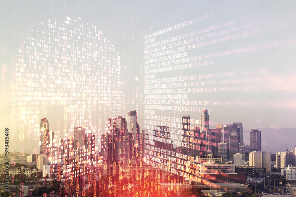 Abstract virtual code skull illustration on Los Angeles skyline background. Hacking and phishing concept. Multiexposure