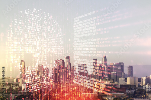 Abstract virtual code skull illustration on Los Angeles skyline background. Hacking and phishing concept. Multiexposure © Pixels Hunter