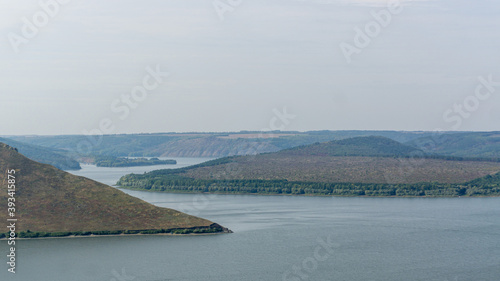 Scenic panoramic aerial view on the Dniester Canyon, River, Reservoir and Bakota Bay in National Park Podilski Tovtry photo