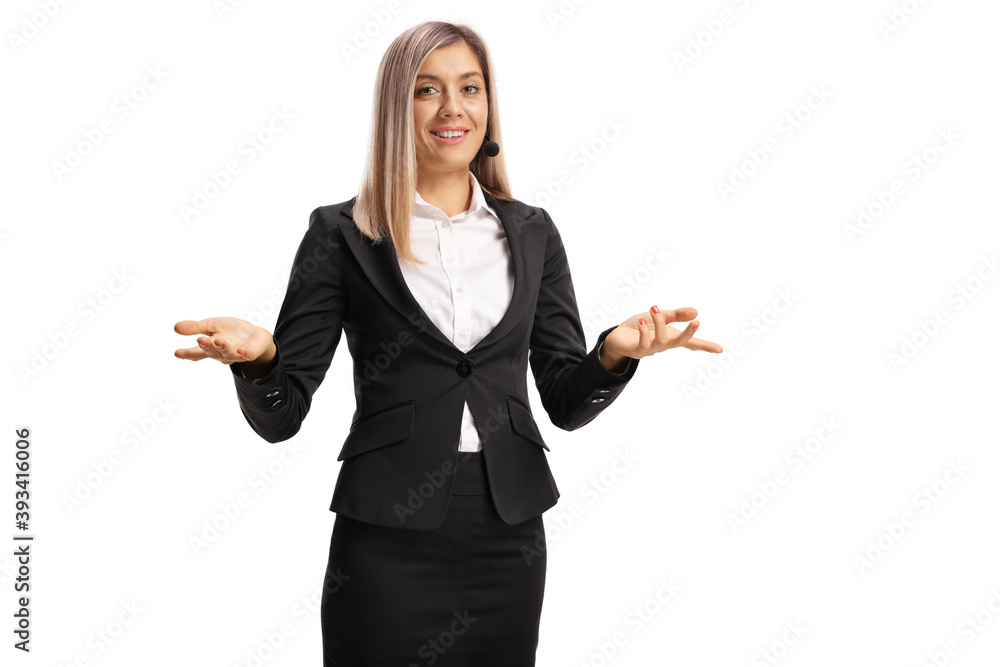 Young woman with a wireless microphone Young woman with a wireless microphone