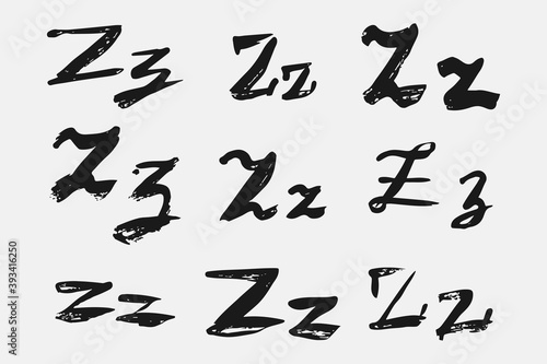 Letter Z written by hand. Black letter Z written in grunge calligraphy. Different versions of the font are hand-drawn in a careless style. Vector eps illustration.