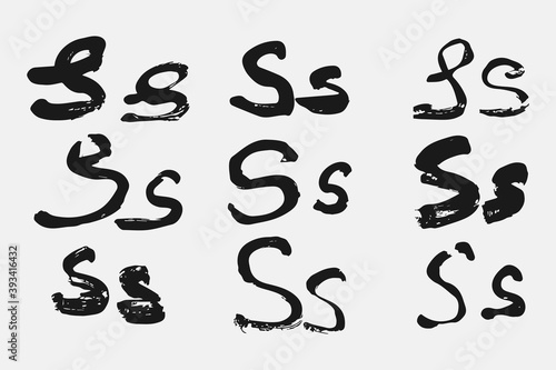 Letter S written by hand. Black letter S written in grunge calligraphy. Different versions of the font are hand-drawn in a careless style. Vector eps illustration.