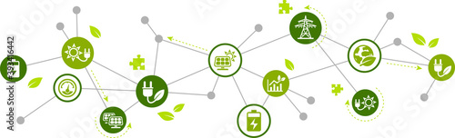 solar energy / solar power vector illustration. Concept with connected icons related to photovoltaic technology, solar cells or panel, renewable energy.