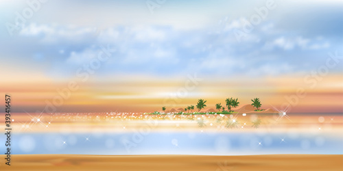 Tropical seascape sunset with blue ocean, coconut palm tree on island,Sea beach landscape with orange, yellow and blue sky,Vector  nature of landscape seaside in morning for Summer