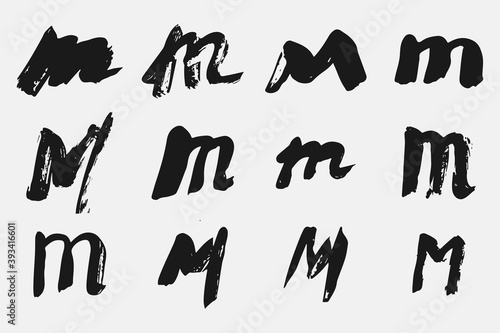 Letter M written by hand. Black letter M written in grunge calligraphy. Different versions of the font are hand-drawn in a careless style. Vector eps illustration.