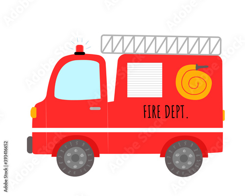 Cute cartoon fire truck isolated on white background.
