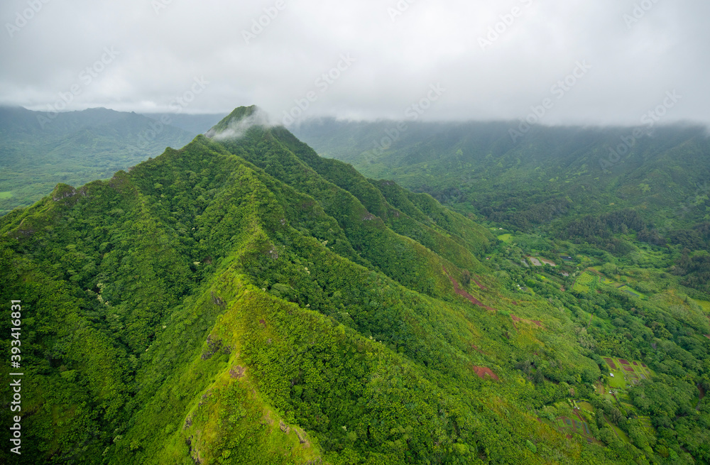 aerial view of pali mountain with fog