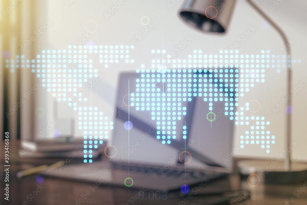 Fototapeta premium Double exposure of abstract digital world map on laptop background, research and strategy concept