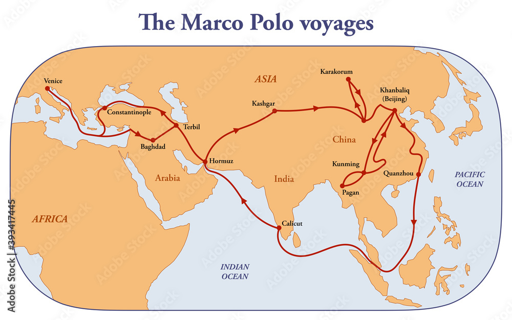 Illustrazione Stock Map of the Marco Polo voyages through Asia along the  Silk Road | Adobe Stock