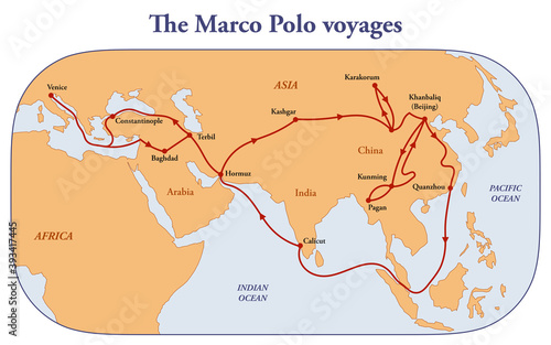 Map of the Marco Polo voyages through Asia along the Silk Road