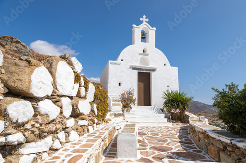 View of the Saint Nicholas Church on the hill. Chora  Ios  Greece.
