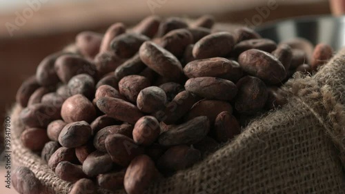 The hand of a chocolatier scoops ripe selected cocoa beans with a ladle from a linen bag. The concept of quality chocolate and gourmet dessert. Slow motion