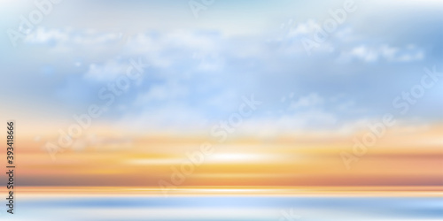 Blue sky with cloud by the sea Vector Cartoon sky with orang  yellow  pink sky with sunrise.Concept all seasonal horizon banner like a spring and summer in evening  autumn and winter morning