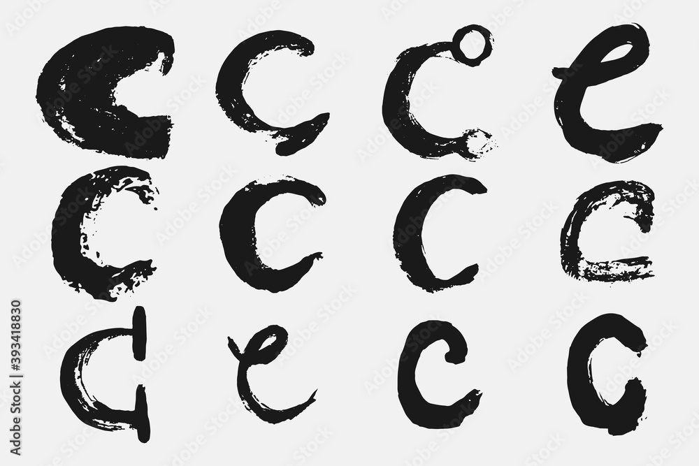 Obraz premium Letter C written by hand. Black letter C written in grunge calligraphy. Different versions of the font are hand-drawn in a careless style. Vector eps illustration.